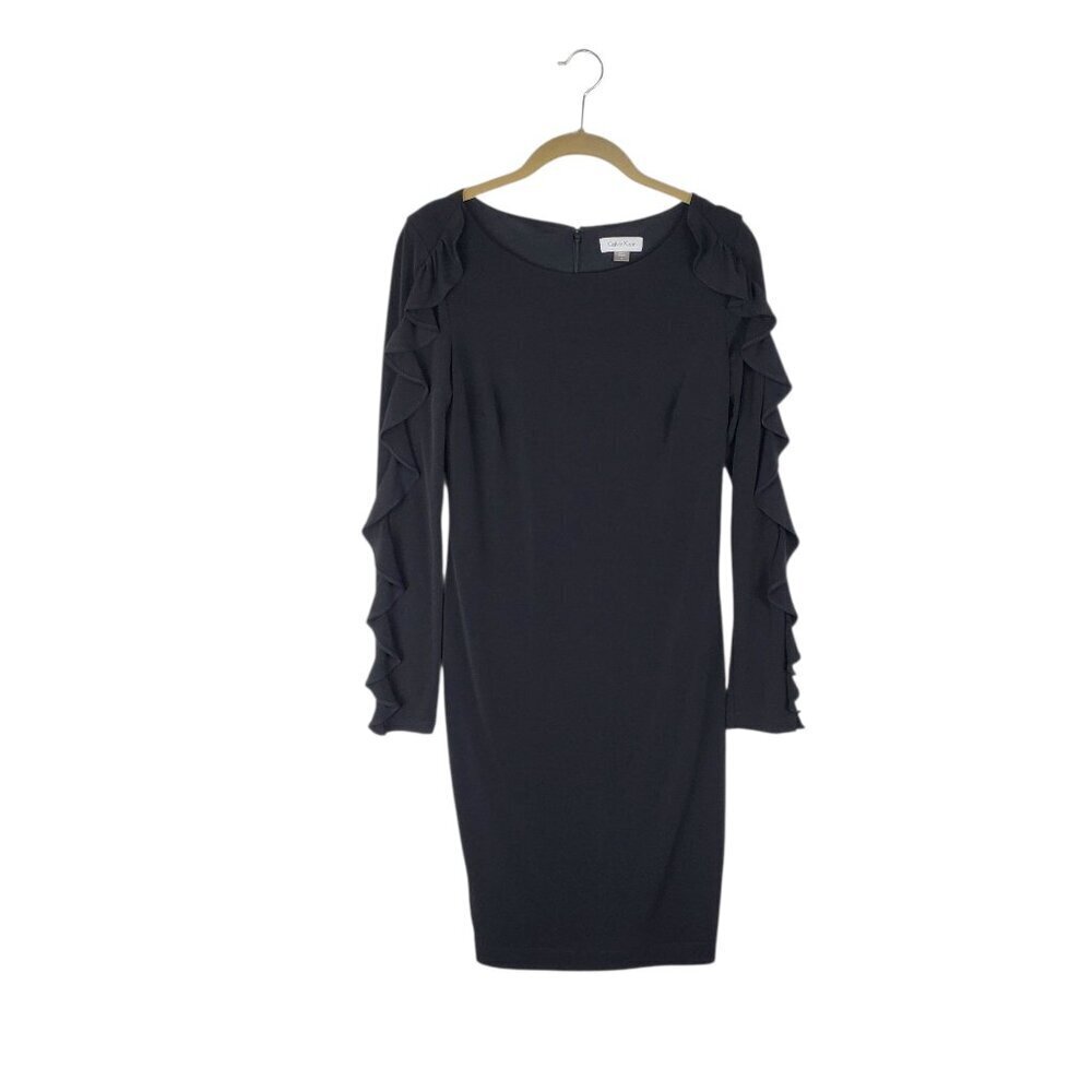 Calvin Klein Long Ruffle Sleeve Sheath Dress Black Stretch Knee Length Womens 4
